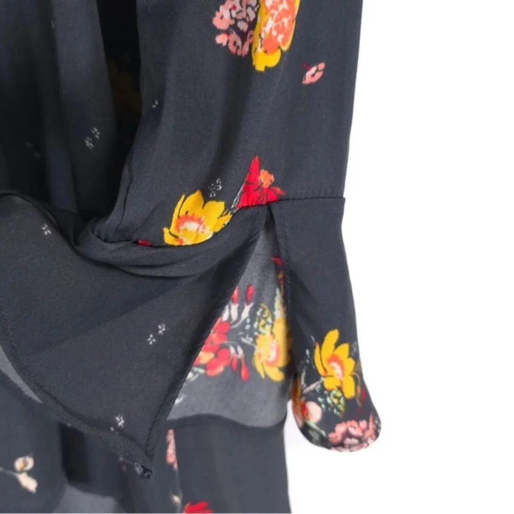 Free People Mini Dress Floral LS Slit Cuffs Tie Vneck Flare Silky Midnight LARGE
